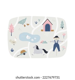 Cute rural scene with barn, tractor, funny animals, plants. Lovable poster design, decoration.
