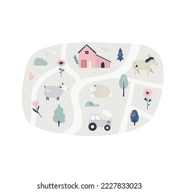 Cute rural scene with barn, tractor, funny animals, plants. Lovable poster design, decoration.