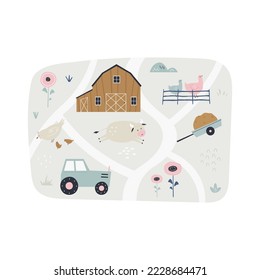 Cute rural scene with barn, tractor, funny animals, plants. Lovable poster design, decoration.