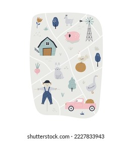 Cute rural scene with barn, truck, funny animals, plants. Lovable poster design, decoration.