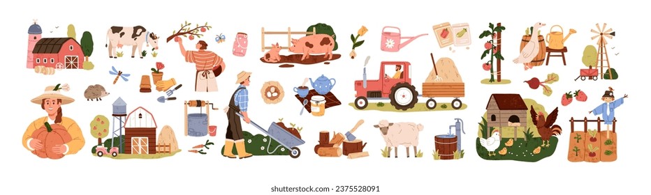 Cute rural set. Farm domestic animals, natural garden, agriculture works, farmers. Country buildings, house, village barn, field harvest. Flat graphic vector illustrations isolated on white background