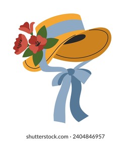A cute rural straw hat with a blue ribbon and flowers. cottagecore fashion. Vintage, retro. Vector, flat, cartoon illustration