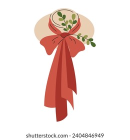 A cute rural straw hat with a red ribbon and a bow. cottagecore fashion. Vintage, retro. Vector, flat, cartoon illustration