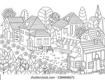 Cute Rural Town For Your Coloring Book