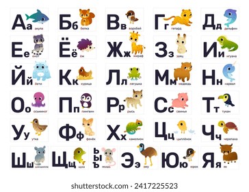 Cute russian alphabet for kids with animals. Bright Abc learning decorative poster with cartoon wild animals.