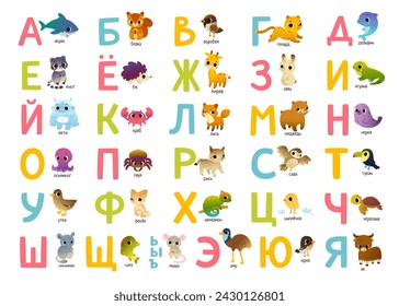 Cute russian alphabet poster for kids with animals. Bright Abc learning banner with cartoon wild animals.