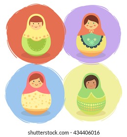 Cute Russian Doll Cartoon Set. Vector illustration of Matryoshka Russian doll with colorful hood and costume.