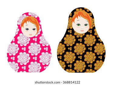 Cute russian dolls - matrioshka. Beautiful toys with floral ornament. Vector illustration.