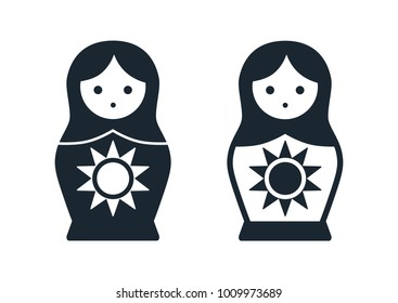 Cute Russian Matryoshka nesting doll folk toy with sun vector icon illustration. Simple single color contemporary style design element isolated on white. Summer, weather, seasons concept.