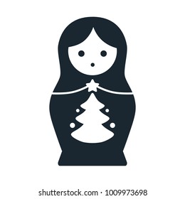 Cute Russian Matryoshka nesting doll folk toy with Christmas tree vector icon illustration. Simple single color contemporary style design element isolated on white. Christmas winter holidays concept.