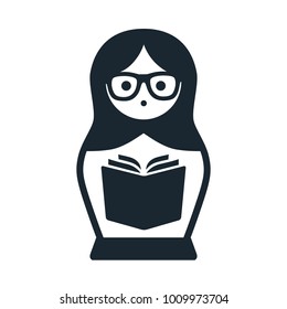 Cute Russian Matryoshka nesting doll  toy with eyeglasses and book vector icon illustration. Simple single color contemporary style design element isolated on white. Literacy, reading, school theme.