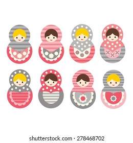 Cute Russian nesting dolls in pink and grey. Cute vector.