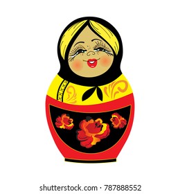 Cute Russian traditional nesting doll vector illustration. Yellow, black and red babushka isolated on white background.