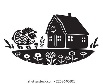 Cute rustic barn motif in homestead vintage style. Vector illustration of whimsical rural country house with sheep.