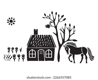 Cute rustic barn motif in homestead vintage style. Vector illustration of whimsical rural country house with horse. 