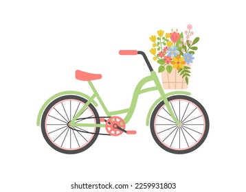 Cute rustic bicycle with colorful flowers in basket. Ladies Women's city Retro bike. Spring, Summer travel, cycling. Floral vintage journey concept. Romance. Vector illustration on white background