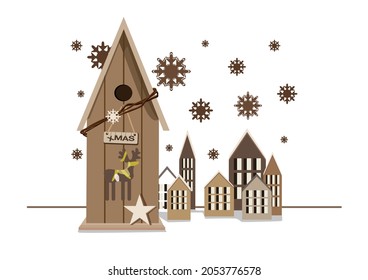 Cute rustic Christmas houses with deer, star and snowflakes. Vector illustration for postcards and New Year's decor.