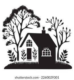 Cute rustic cottage motif in homestead vintage style. Vector illustration of whimsical rural country house. 