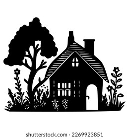 Cute rustic cottage motif in homestead vintage style. Vector illustration of whimsical rural country house. 