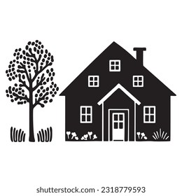 Cute rustic cottage motif in homestead vintage style. Vector illustration of whimsical rural country house. 
