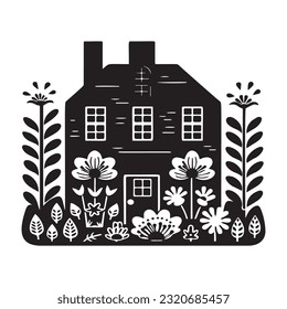 Cute rustic cottage motif in homestead vintage style. Vector illustration of whimsical rural country house. 