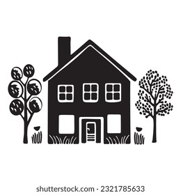 Cute rustic cottage motif in homestead vintage style. Vector illustration of whimsical rural country house. 