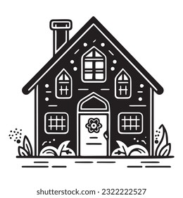 Cute rustic cottage motif in homestead vintage style. Vector illustration of whimsical rural country house. 