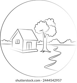Cute rustic cottage motif in homestead vintage style. Vector illustration of whimsical rural country house.
