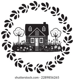 Cute rustic cottage motif in vintage style frame. Vector illustration of whimsical rural country house. 