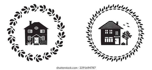 Cute rustic cottage motif in vintage style frame set. Vector illustration of whimsical rural country house. 