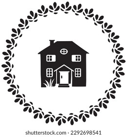 Cute rustic cottage motif in vintage style frame. Vector illustration of whimsical rural country house. 