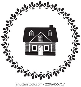 Cute rustic cottage motif in vintage style frame. Vector illustration of whimsical rural country house. 