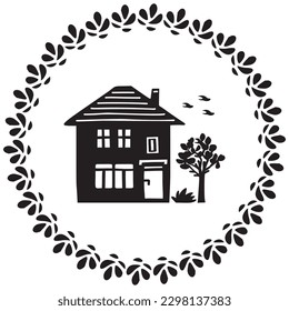 Cute rustic cottage motif in vintage style frame. Vector illustration of whimsical rural country house. 