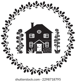 Cute rustic cottage motif in vintage style frame. Vector illustration of whimsical rural country house. 