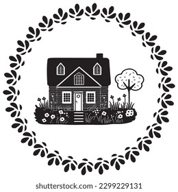 Cute rustic cottage motif in vintage style frame. Vector illustration of whimsical rural country house. 