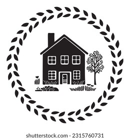 Cute rustic cottage motif in vintage style frame. Vector illustration of whimsical rural country house. 