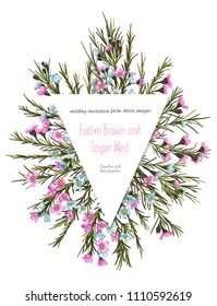 Cute rustic floral greeting card, wedding invitation, banner, label. Pink and blue wax flowers with triangular frame isolated on white background. Vector illustration
