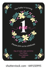 Cute rustic frame with hand drawn flowers for your decoration, ideal for baby first birthday invitation card, baby shower, baptism etc