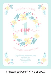 Cute rustic frame with hand drawn flowers for your decoration, ideal for baby first birthday invitation card, baby shower, baptism etc