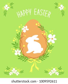 Cute rustic hand drawn Easter card with wreath of spring flowers, egg, bunny and hand written text Happy Easter