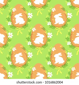 Cute rustic hand drawn Easter seamless pattern with wreath of spring flowers, egg and bunny