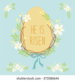 Cute rustic hand drawn Easter wreath of first spring flowers and egg with hand written text