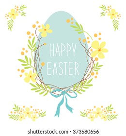Cute rustic hand drawn Easter wreath of first spring flowers and egg with hand written text