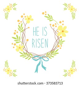 Cute rustic hand drawn Easter wreath of first spring flowers with hand written text