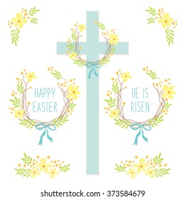 Cute rustic hand drawn Easter wreathes of first spring flowers with hand written text