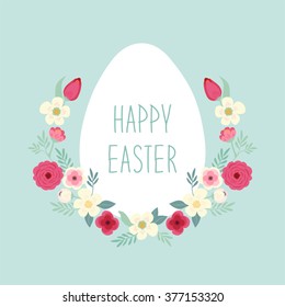 Cute rustic hand drawn Easter wreath of spring flowers and egg with hand written text Happy Easter