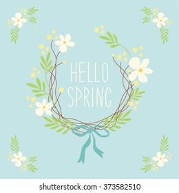 Cute rustic hand drawn wreath of first spring flowers and hand written text Hello Spring