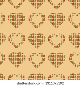 Cute rustic hearts from twigs with leaves seamless pattern. Composed of leaf hearts. Rustic seamless pattern.Textile background. 