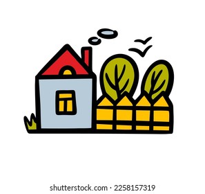 Cute rustic house and garden behind a wooden fence  in the countryside. Vector hand drawn  illustration of village nature and buildings.