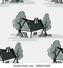 Cute rustic seamless pattern. Rural houses on a light background. Hand drawing. Vector illustration for print, fabric, cover, packaging, interior decor, blog decoration and other your projects.